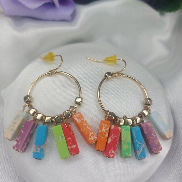 Jewelry - Colorful Boho Hoop Earrings Natural Stones Gold Tone  NWOT